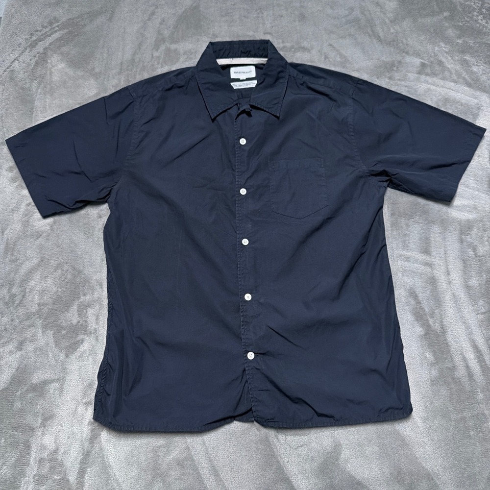 Norse Projects Carsten Poplin Shirt Mens Small Navy Blue Short Sleeve Button Up